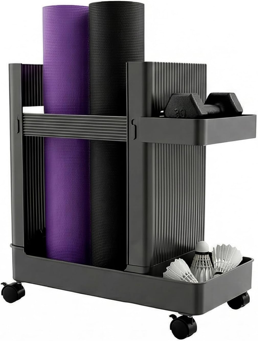 Workout Equipment Storage Cart, Floor Standing Multifunctional Fitness Gear Organizer Rack with Wheels for Home Gym, Yoga Studio, Gray
