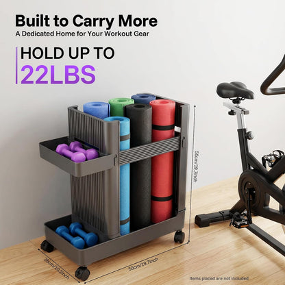 Workout Equipment Storage Cart, Floor Standing Multifunctional Fitness Gear Organizer Rack with Wheels for Home Gym, Yoga Studio, Gray