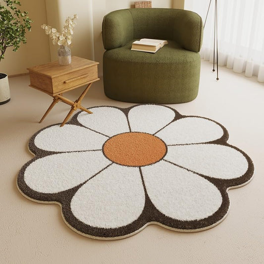 White Flower Shaped Rug, Cute Round Indoor Rug, 39.4" Diameter, High Pile Faux Wool, Non-Slip Backing