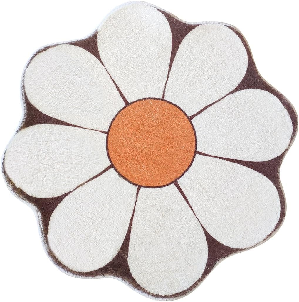 White Flower Shaped Rug, Cute Round Indoor Rug, 39.4" Diameter, High Pile Faux Wool, Non-Slip Backing