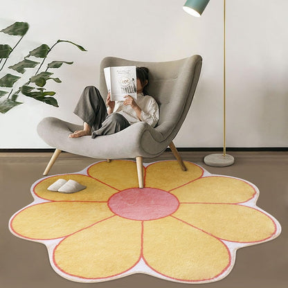 White Flower Shaped Rug, Cute Round Indoor Rug, 39.4" Diameter, High Pile Faux Wool, Non-Slip Backing