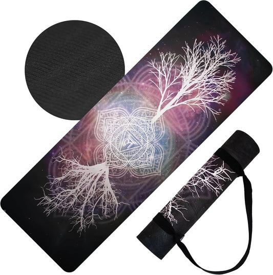 Yoga Mat with Strap Non-Slip 6mm Thick, Premium Suede & TPE Tree-of-Life Root Chakra Design (72”x24”) Yoga, Hot Yoga, Pilates and Sweaty Workout