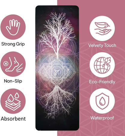 Yoga Mat with Strap Non-Slip 6mm Thick, Premium Suede & TPE Tree-of-Life Root Chakra Design (72”x24”) Yoga, Hot Yoga, Pilates and Sweaty Workout