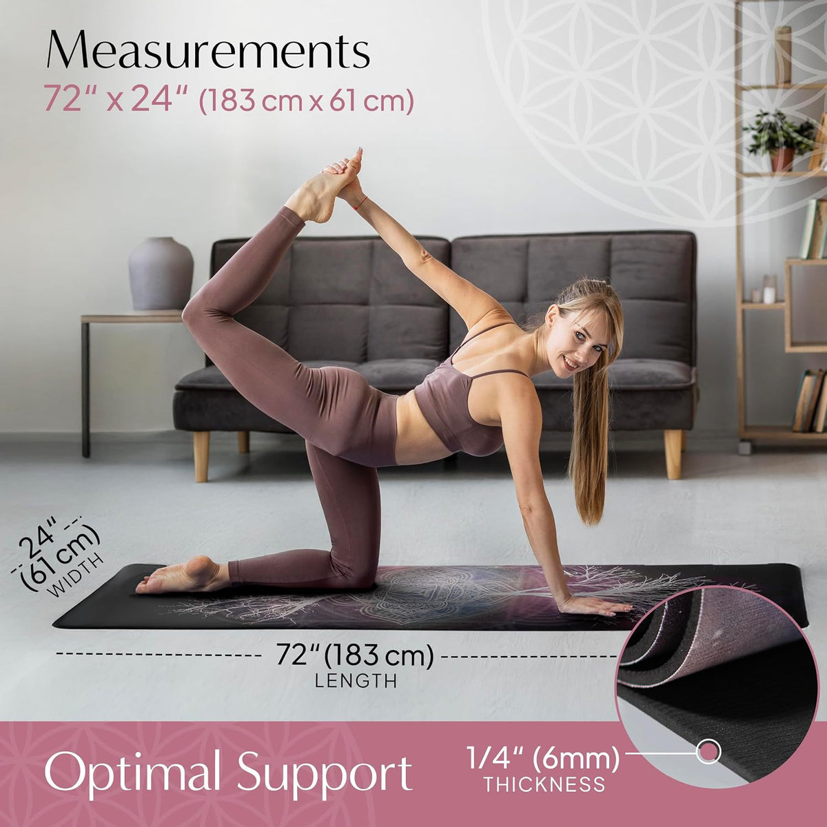 Yoga Mat with Strap Non-Slip 6mm Thick, Premium Suede & TPE Tree-of-Life Root Chakra Design (72”x24”) Yoga, Hot Yoga, Pilates and Sweaty Workout