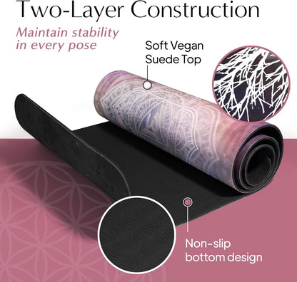 Yoga Mat with Strap Non-Slip 6mm Thick, Premium Suede & TPE Tree-of-Life Root Chakra Design (72”x24”) Yoga, Hot Yoga, Pilates and Sweaty Workout