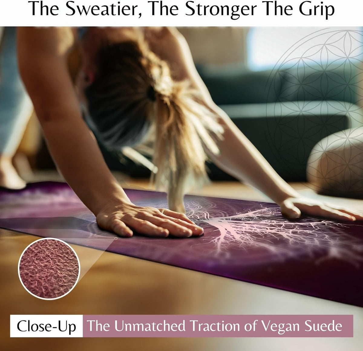 Yoga Mat with Strap Non-Slip 6mm Thick, Premium Suede & TPE Tree-of-Life Root Chakra Design (72”x24”) Yoga, Hot Yoga, Pilates and Sweaty Workout