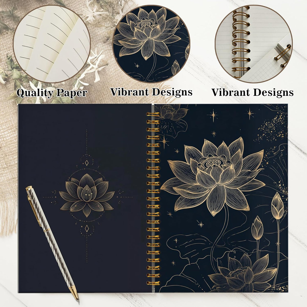 Journaling Notebooks for Women, Lotus Notebook -Meditation Yoga Spiritual Inspirational Planner Notebook Journal Gifts, A5 Spiral Journal Notebook Office Supplies Gifts for Women Birthday Christmas (Golden)