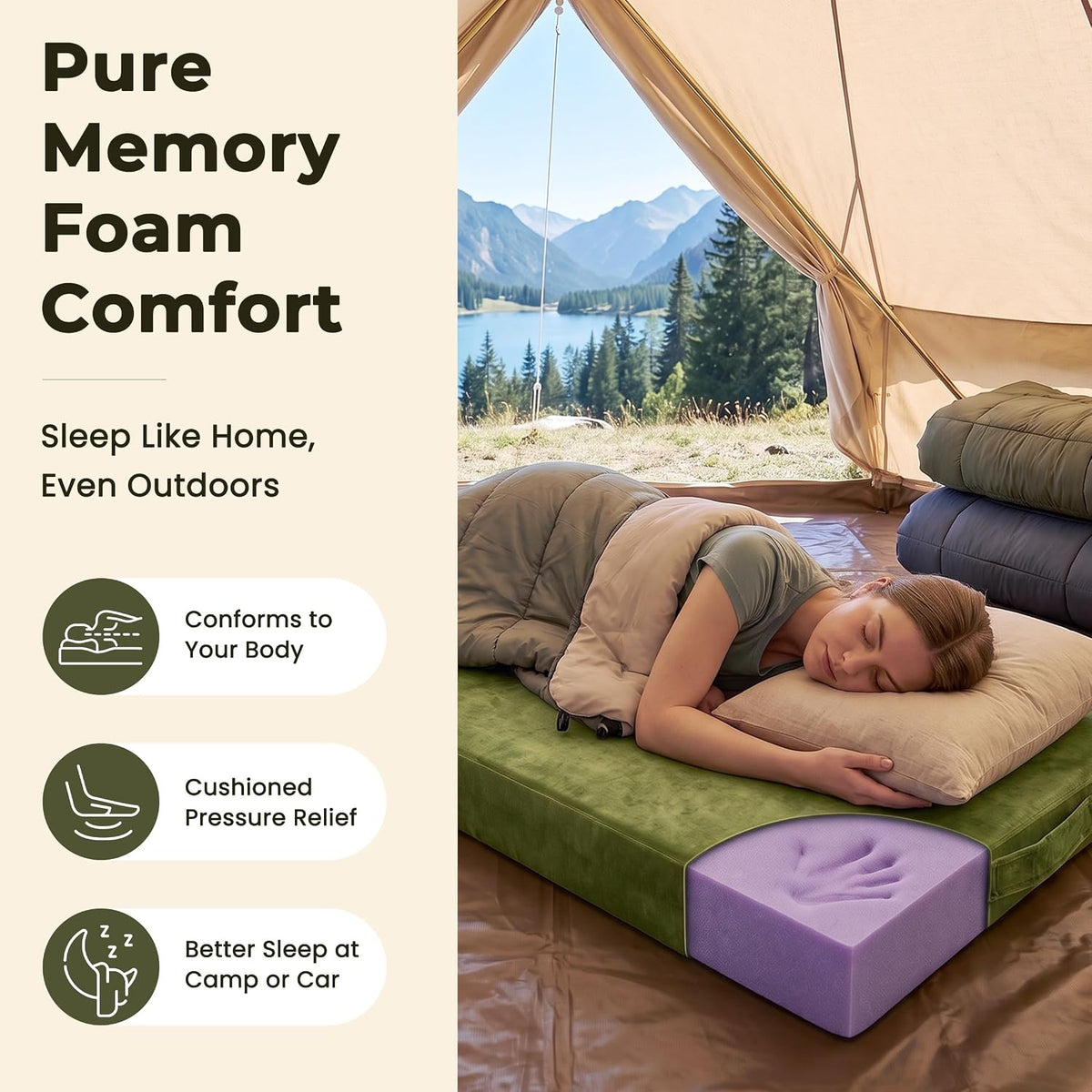 Memory Foam Camping Mattress Pad 3inch Cot Size Waterproof Roll Up Bed Sleeping Mat for Adults Portable Roll Up Mattress for Travel Guest Floor Bed Cot Mattress Pad for Car, Tent