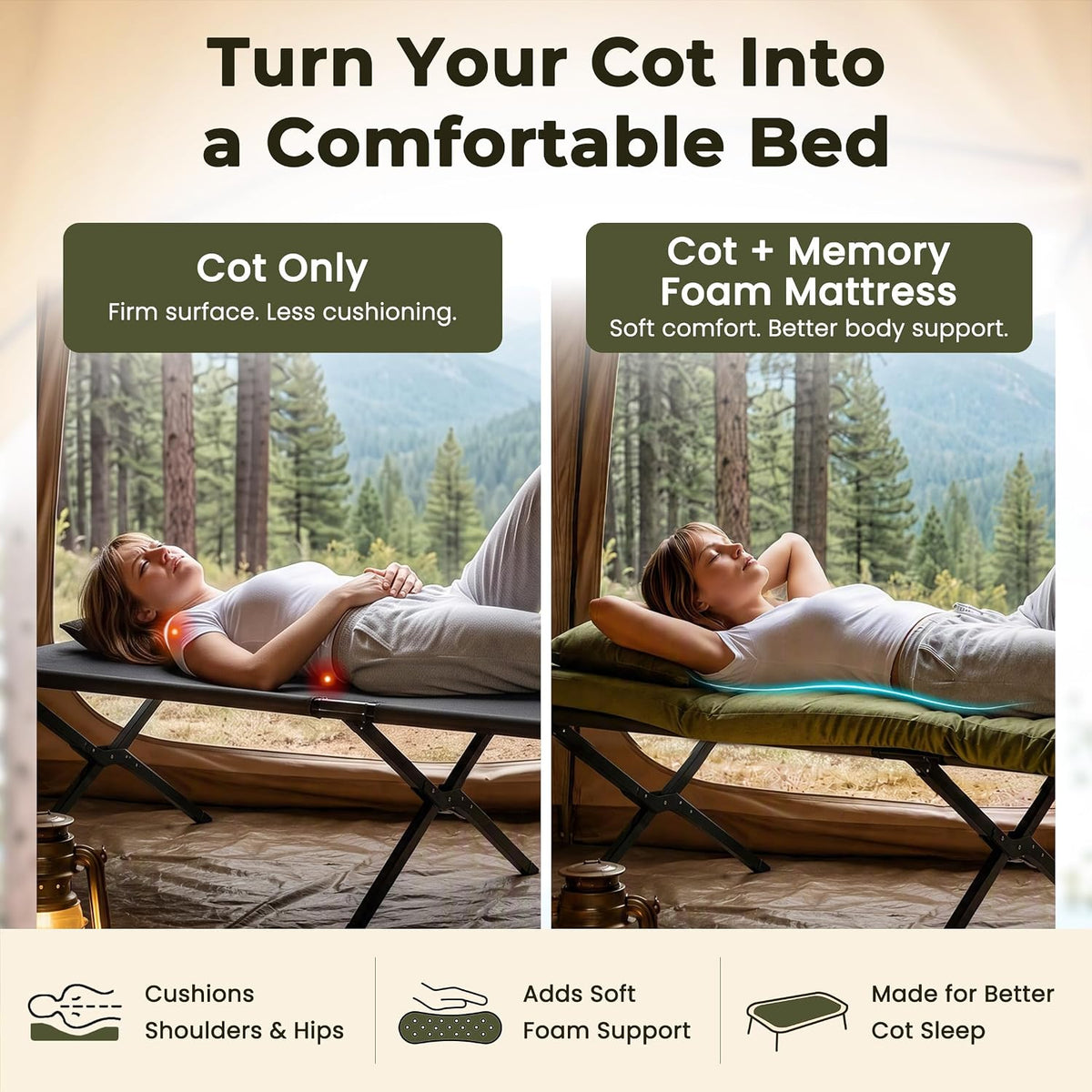 Memory Foam Camping Mattress Pad 3inch Cot Size Waterproof Roll Up Bed Sleeping Mat for Adults Portable Roll Up Mattress for Travel Guest Floor Bed Cot Mattress Pad for Car, Tent