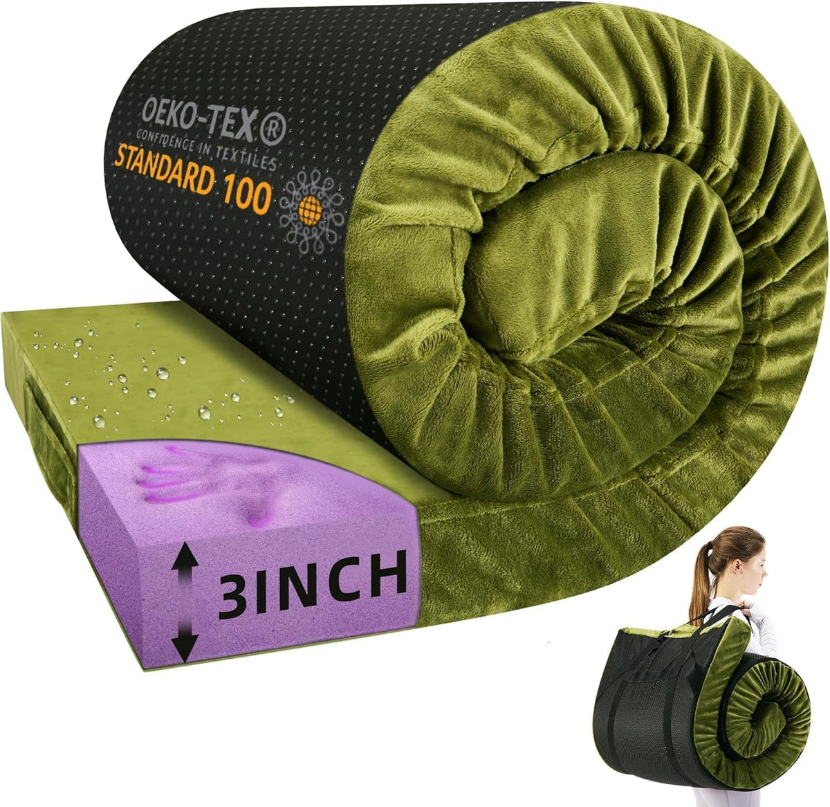 Memory Foam Camping Mattress Pad 3inch Cot Size Waterproof Roll Up Bed Sleeping Mat for Adults Portable Roll Up Mattress for Travel Guest Floor Bed Cot Mattress Pad for Car, Tent