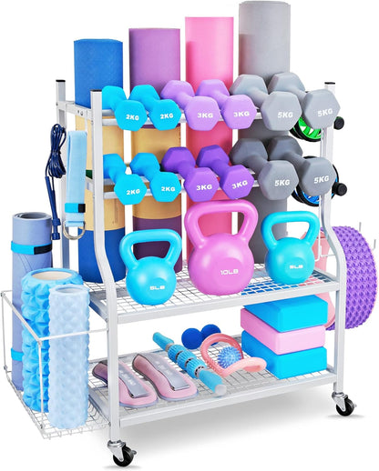 Dumbbell Rack - Weight Rack for Dumbbells, Home Gym Storage Rack for Yoga Mat, Dumbbells and Kettlebells, All in One Workout Equipment Storage with Caster Wheels (Hold Up to 450 Lbs)