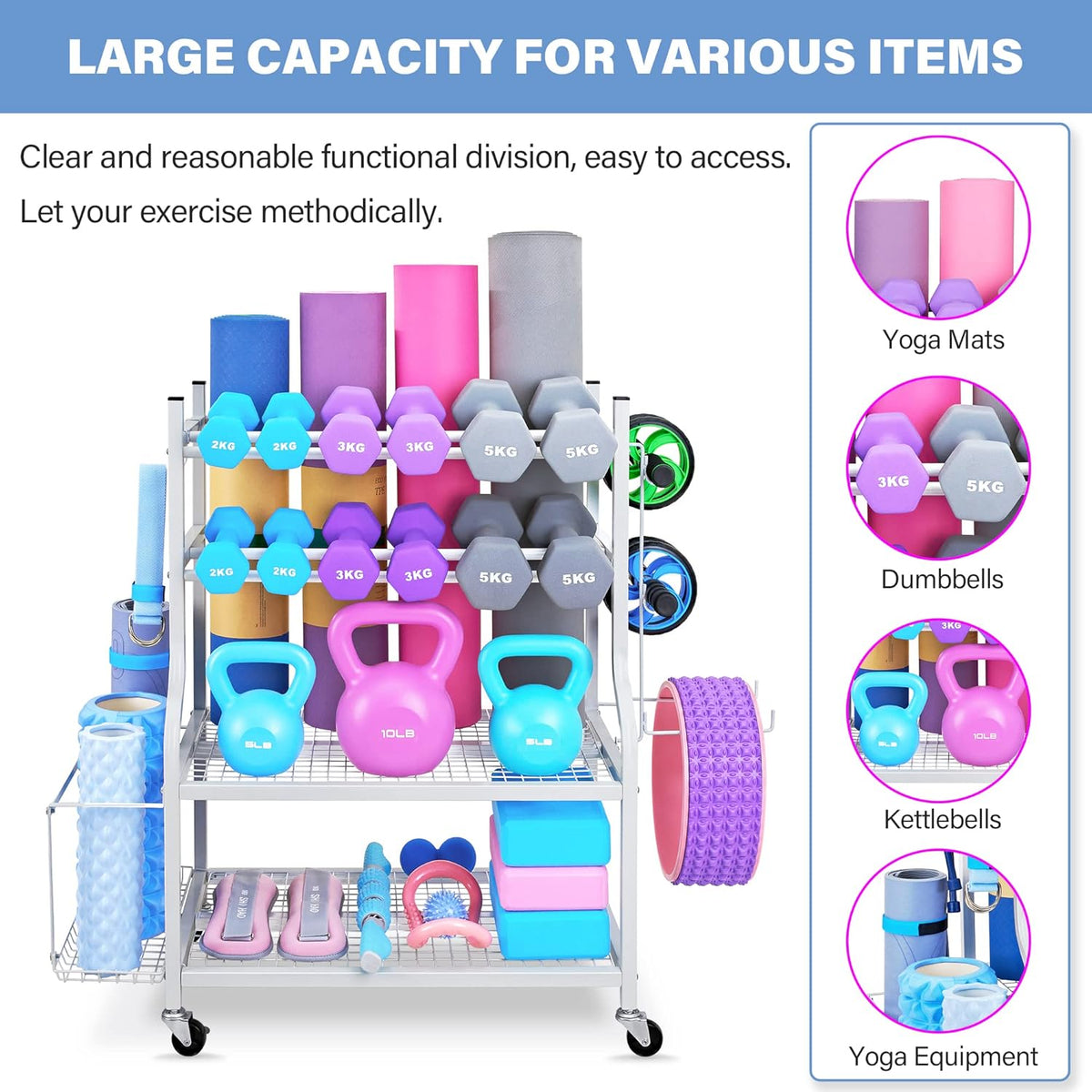 Dumbbell Rack - Weight Rack for Dumbbells, Home Gym Storage Rack for Yoga Mat, Dumbbells and Kettlebells, All in One Workout Equipment Storage with Caster Wheels (Hold Up to 450 Lbs)