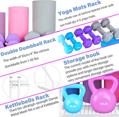 Dumbbell Rack - Weight Rack for Dumbbells, Home Gym Storage Rack for Yoga Mat, Dumbbells and Kettlebells, All in One Workout Equipment Storage with Caster Wheels (Hold Up to 450 Lbs)