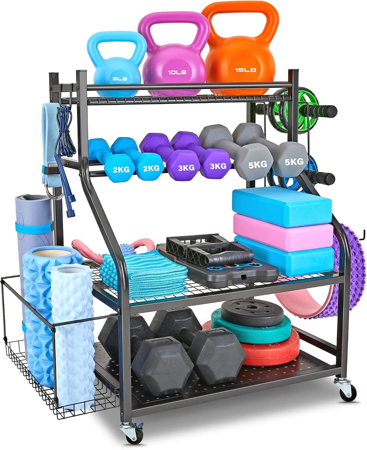 Dumbbell Rack - Weight Rack for Dumbbells, Home Gym Storage Rack for Yoga Mat, Dumbbells and Kettlebells, All in One Workout Equipment Storage with Caster Wheels (Hold Up to 450 Lbs)