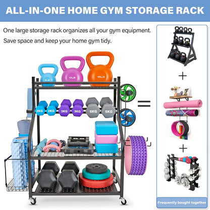 Dumbbell Rack - Weight Rack for Dumbbells, Home Gym Storage Rack for Yoga Mat, Dumbbells and Kettlebells, All in One Workout Equipment Storage with Caster Wheels (Hold Up to 450 Lbs)