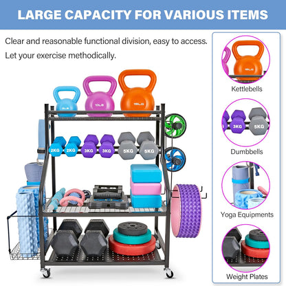 Dumbbell Rack - Weight Rack for Dumbbells, Home Gym Storage Rack for Yoga Mat, Dumbbells and Kettlebells, All in One Workout Equipment Storage with Caster Wheels (Hold Up to 450 Lbs)