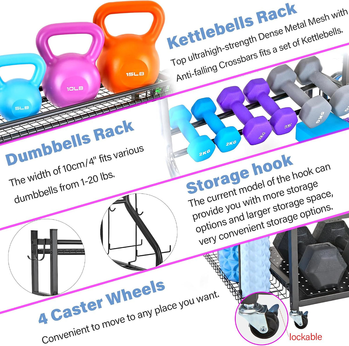 Dumbbell Rack - Weight Rack for Dumbbells, Home Gym Storage Rack for Yoga Mat, Dumbbells and Kettlebells, All in One Workout Equipment Storage with Caster Wheels (Hold Up to 450 Lbs)
