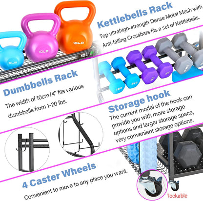 Dumbbell Rack - Weight Rack for Dumbbells, Home Gym Storage Rack for Yoga Mat, Dumbbells and Kettlebells, All in One Workout Equipment Storage with Caster Wheels (Hold Up to 450 Lbs)