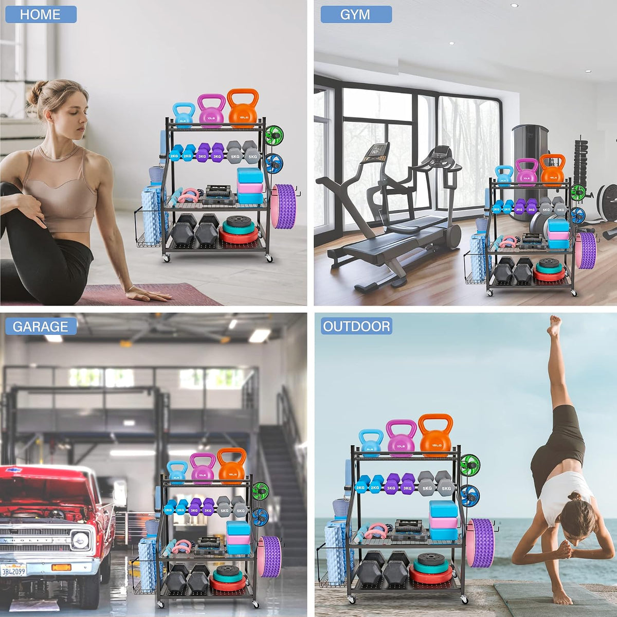 Dumbbell Rack - Weight Rack for Dumbbells, Home Gym Storage Rack for Yoga Mat, Dumbbells and Kettlebells, All in One Workout Equipment Storage with Caster Wheels (Hold Up to 450 Lbs)