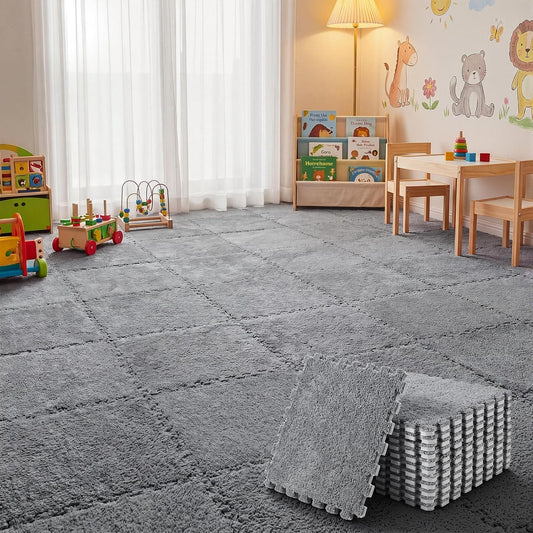 15 Pcs Plush Carpet Tiles Interlocking Floor Mat,Gray