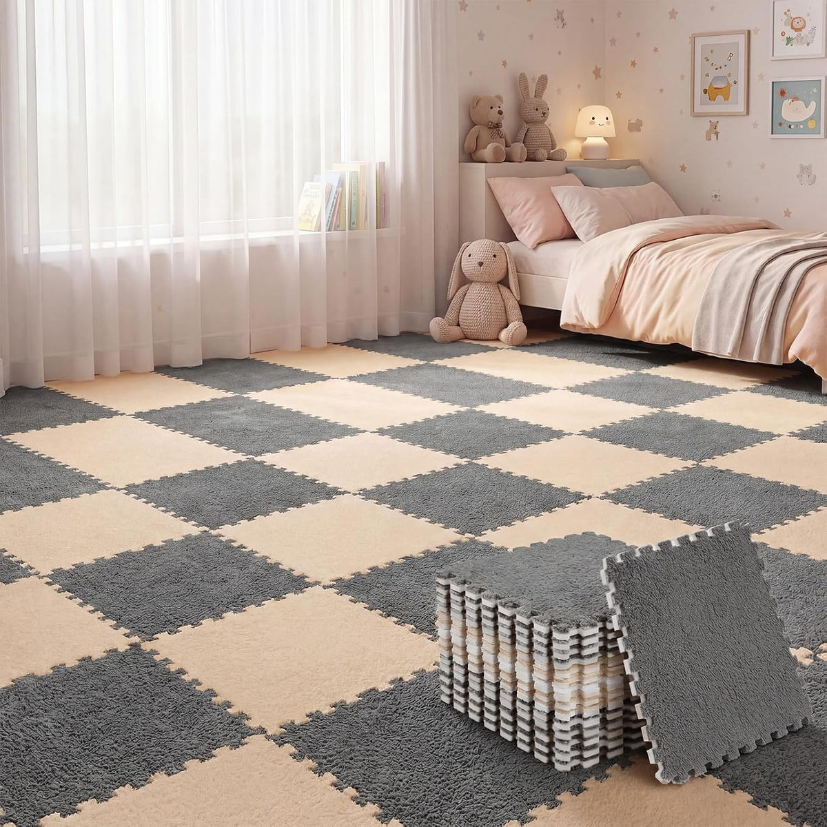 15 Pcs Plush Carpet Tiles Interlocking Floor Mat,Gray