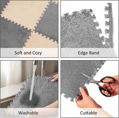 15 Pcs Plush Carpet Tiles Interlocking Floor Mat,Gray
