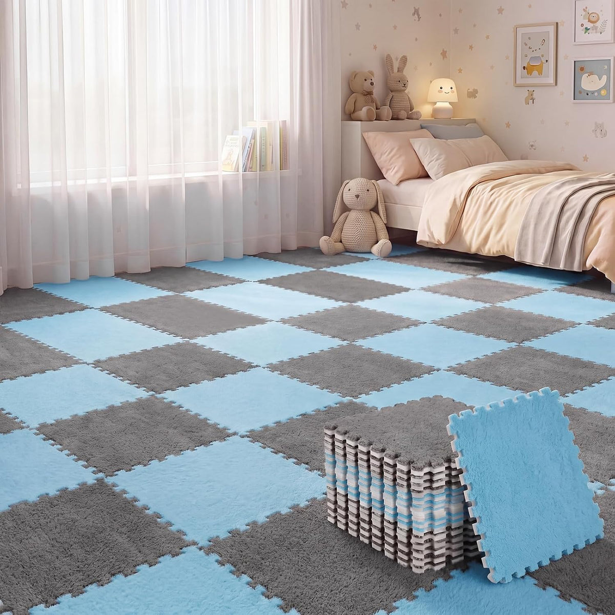 15 Pcs Plush Carpet Tiles Interlocking Floor Mat,Gray