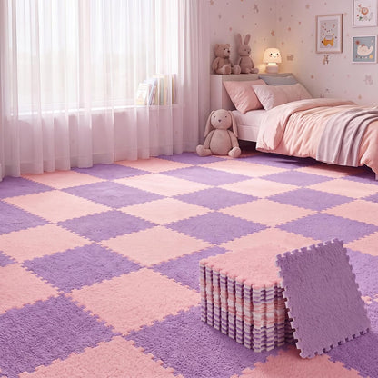 15 Pcs Plush Carpet Tiles Interlocking Floor Mat,Gray