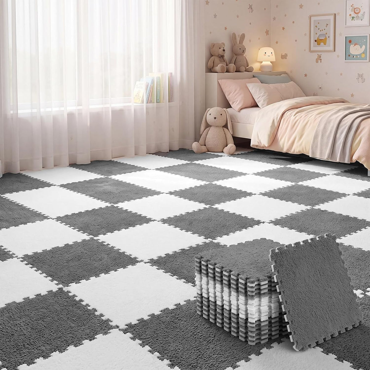 15 Pcs Plush Carpet Tiles Interlocking Floor Mat,Gray