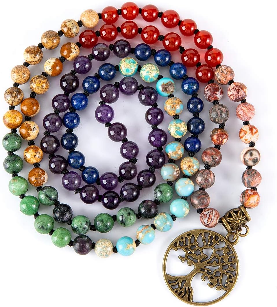 7 Chakra 108 Mala Beads Bracelet Real Gemstone Yoga Meditation Hand Knotted Mala Prayer Bead Necklace