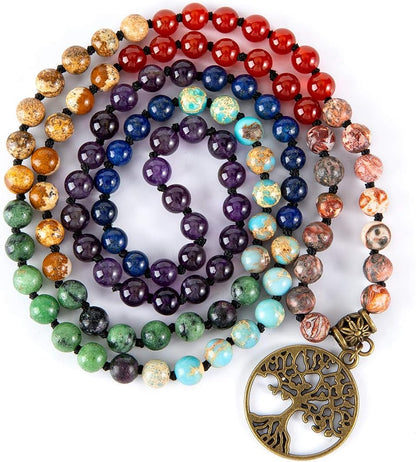 7 Chakra 108 Mala Beads Bracelet Real Gemstone Yoga Meditation Hand Knotted Mala Prayer Bead Necklace