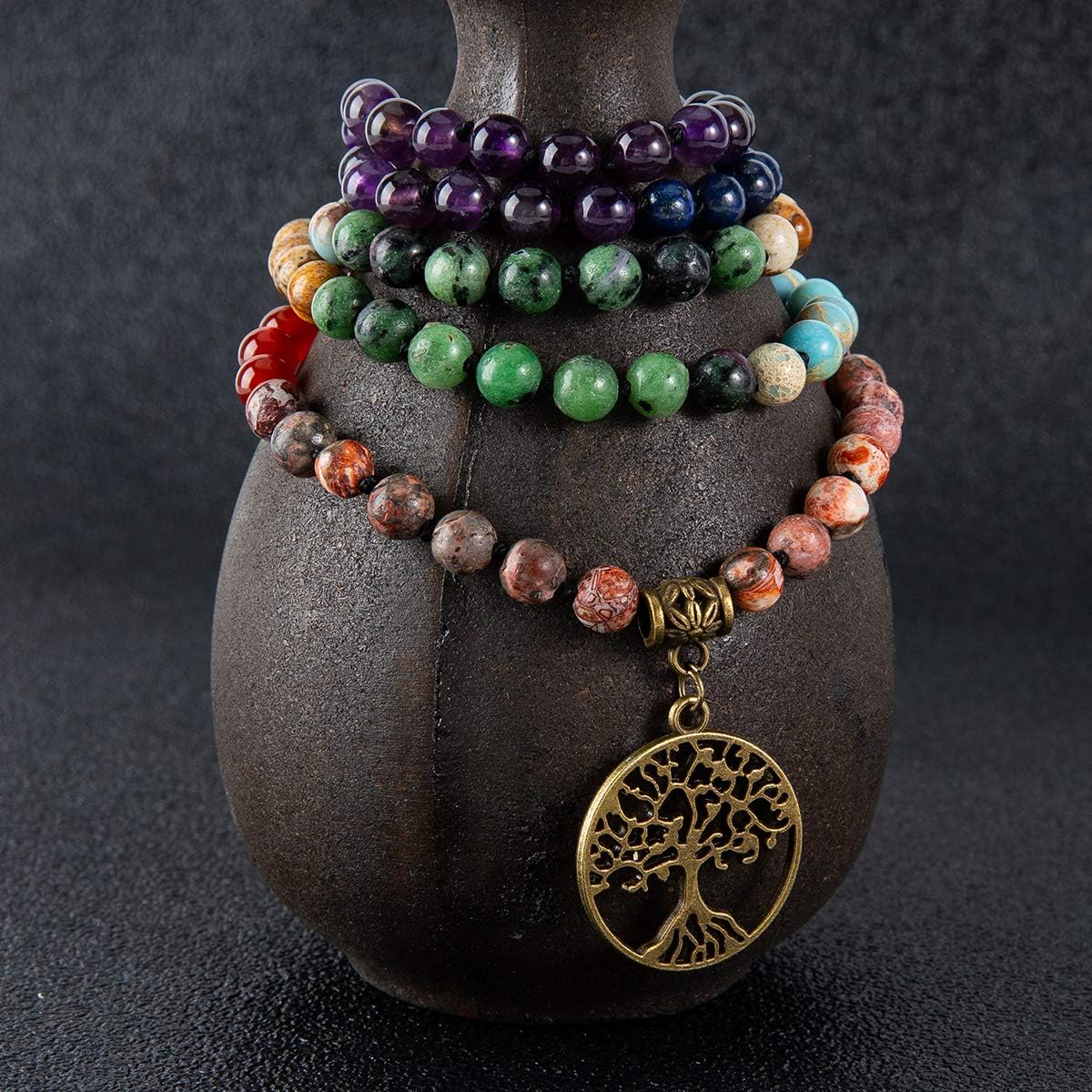 7 Chakra 108 Mala Beads Bracelet Real Gemstone Yoga Meditation Hand Knotted Mala Prayer Bead Necklace