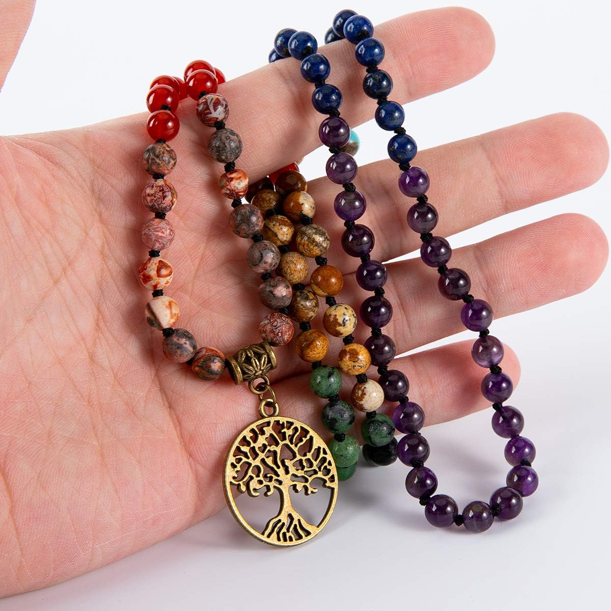 7 Chakra 108 Mala Beads Bracelet Real Gemstone Yoga Meditation Hand Knotted Mala Prayer Bead Necklace