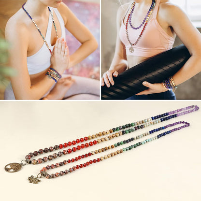 7 Chakra 108 Mala Beads Bracelet Real Gemstone Yoga Meditation Hand Knotted Mala Prayer Bead Necklace