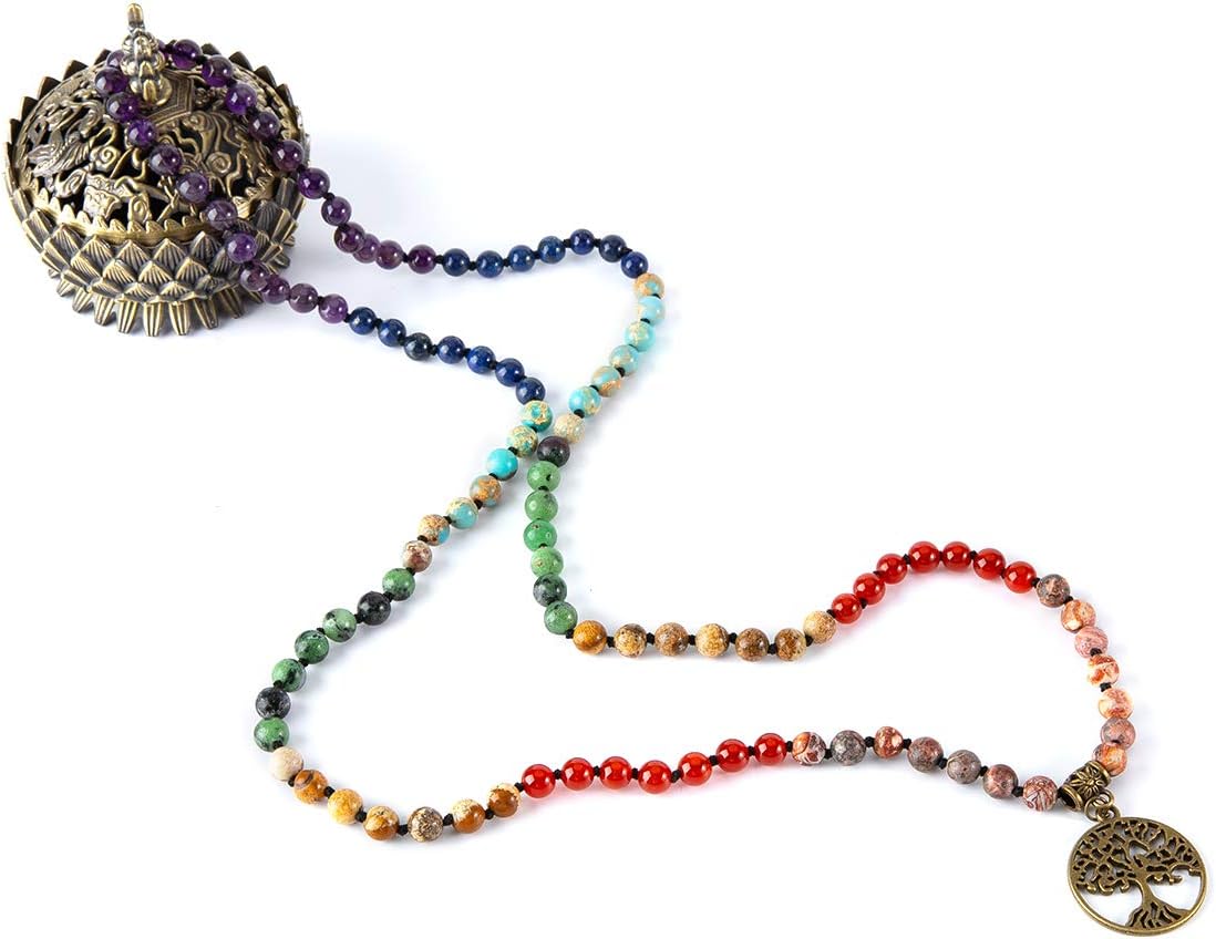 7 Chakra 108 Mala Beads Bracelet Real Gemstone Yoga Meditation Hand Knotted Mala Prayer Bead Necklace