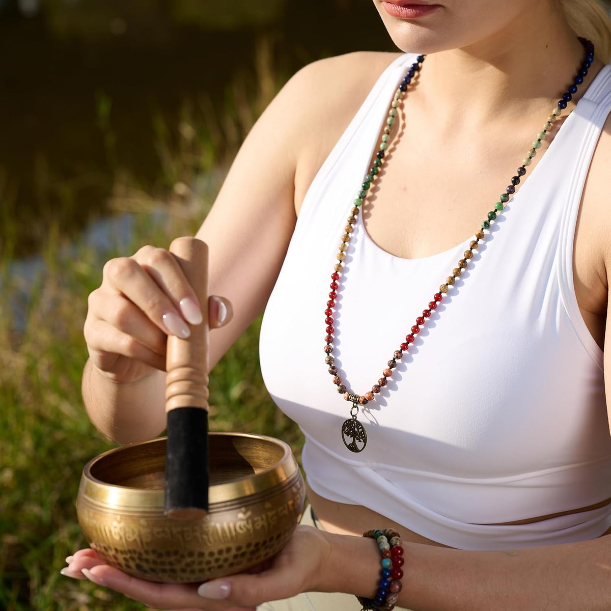 7 Chakra 108 Mala Beads Bracelet Real Gemstone Yoga Meditation Hand Knotted Mala Prayer Bead Necklace