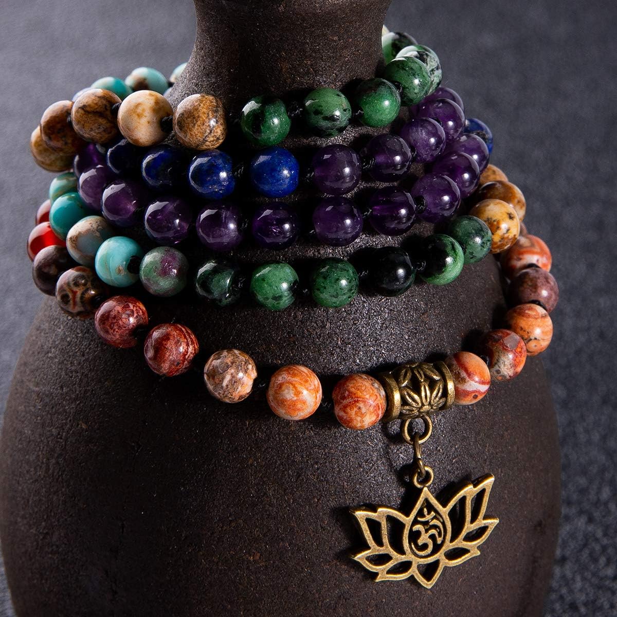 7 Chakra 108 Mala Beads Bracelet Real Gemstone Yoga Meditation Hand Knotted Mala Prayer Bead Necklace