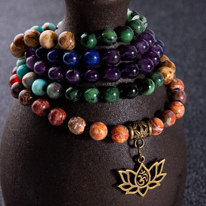 7 Chakra 108 Mala Beads Bracelet Real Gemstone Yoga Meditation Hand Knotted Mala Prayer Bead Necklace