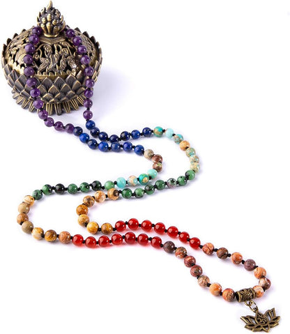 7 Chakra 108 Mala Beads Bracelet Real Gemstone Yoga Meditation Hand Knotted Mala Prayer Bead Necklace