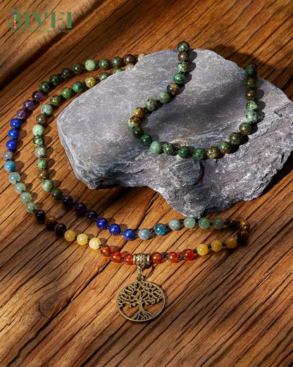 7 Chakra 108 Mala Beads Bracelet Real Gemstone Yoga Meditation Hand Knotted Mala Prayer Bead Necklace