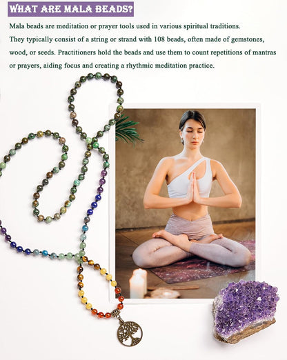 7 Chakra 108 Mala Beads Bracelet Real Gemstone Yoga Meditation Hand Knotted Mala Prayer Bead Necklace