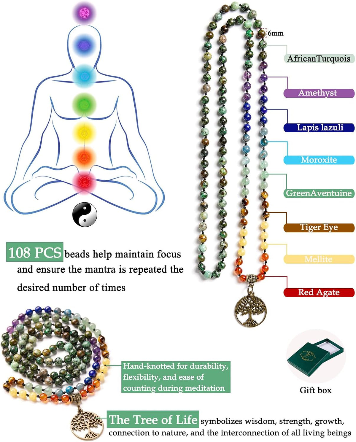 7 Chakra 108 Mala Beads Bracelet Real Gemstone Yoga Meditation Hand Knotted Mala Prayer Bead Necklace