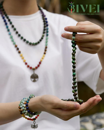 7 Chakra 108 Mala Beads Bracelet Real Gemstone Yoga Meditation Hand Knotted Mala Prayer Bead Necklace
