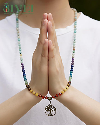 7 Chakra 108 Mala Beads Bracelet Real Gemstone Yoga Meditation Hand Knotted Mala Prayer Bead Necklace