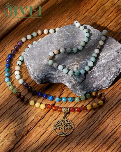 7 Chakra 108 Mala Beads Bracelet Real Gemstone Yoga Meditation Hand Knotted Mala Prayer Bead Necklace