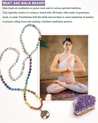 7 Chakra 108 Mala Beads Bracelet Real Gemstone Yoga Meditation Hand Knotted Mala Prayer Bead Necklace