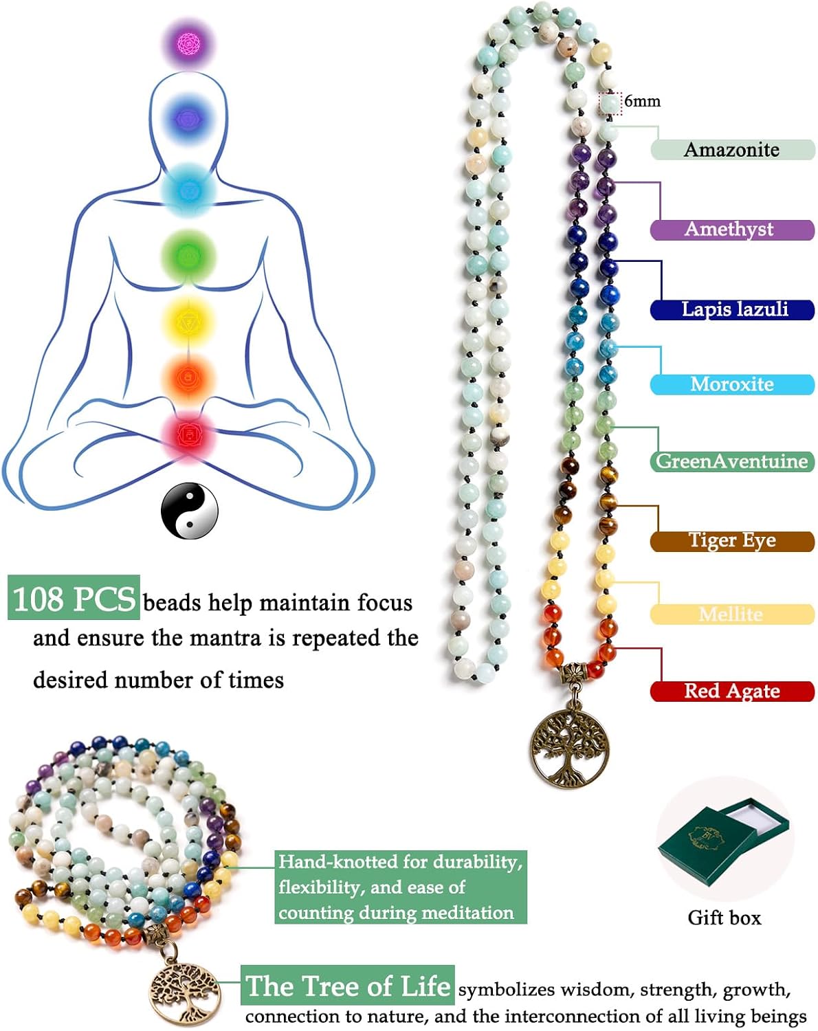 7 Chakra 108 Mala Beads Bracelet Real Gemstone Yoga Meditation Hand Knotted Mala Prayer Bead Necklace