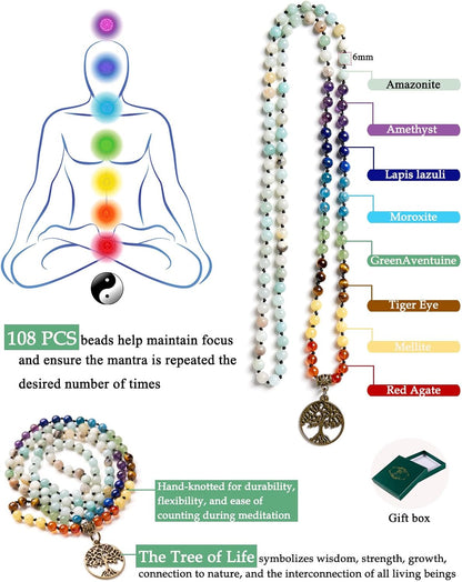 7 Chakra 108 Mala Beads Bracelet Real Gemstone Yoga Meditation Hand Knotted Mala Prayer Bead Necklace