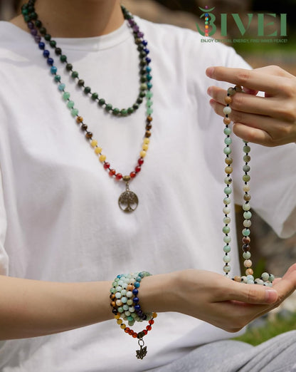 7 Chakra 108 Mala Beads Bracelet Real Gemstone Yoga Meditation Hand Knotted Mala Prayer Bead Necklace