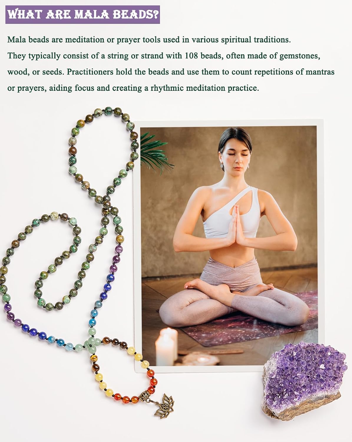 7 Chakra 108 Mala Beads Bracelet Real Gemstone Yoga Meditation Hand Knotted Mala Prayer Bead Necklace